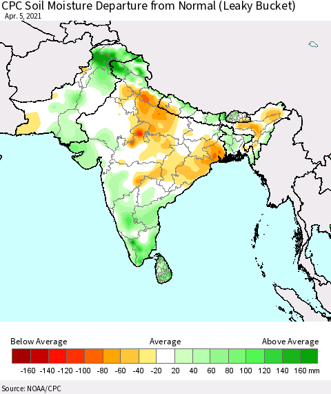 Southern Asia CPC Calculated Soil Moisture Anomaly (Leaky Bucket) Thematic Map For 4/1/2021 - 4/5/2021
