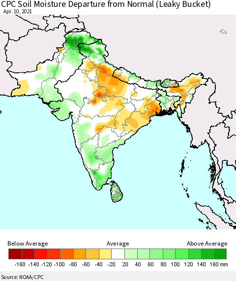 Southern Asia CPC Calculated Soil Moisture Anomaly (Leaky Bucket) Thematic Map For 4/6/2021 - 4/10/2021