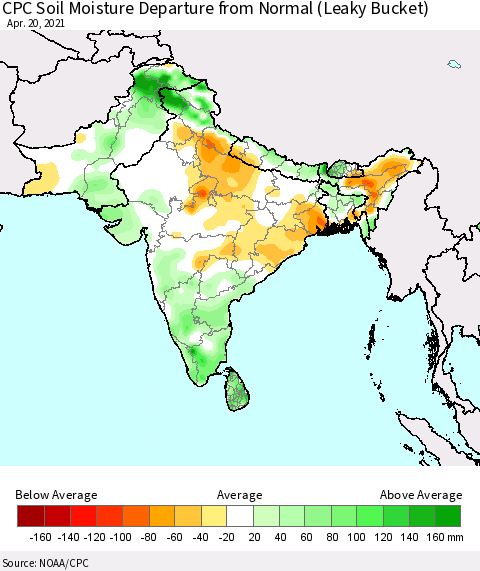 Southern Asia CPC Calculated Soil Moisture Anomaly (Leaky Bucket) Thematic Map For 4/16/2021 - 4/20/2021