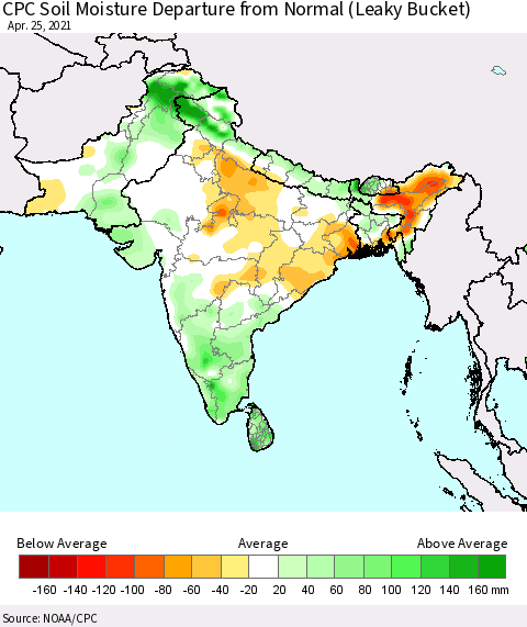 Southern Asia CPC Soil Moisture Departure from Normal (Leaky Bucket) Thematic Map For 4/21/2021 - 4/25/2021