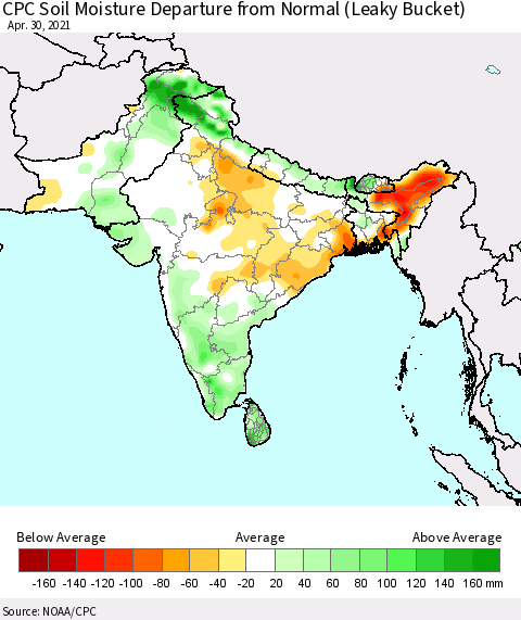 Southern Asia CPC Calculated Soil Moisture Anomaly (Leaky Bucket) Thematic Map For 4/26/2021 - 4/30/2021