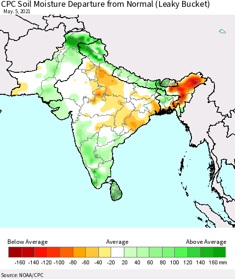 Southern Asia CPC Soil Moisture Departure from Normal (Leaky Bucket) Thematic Map For 5/1/2021 - 5/5/2021