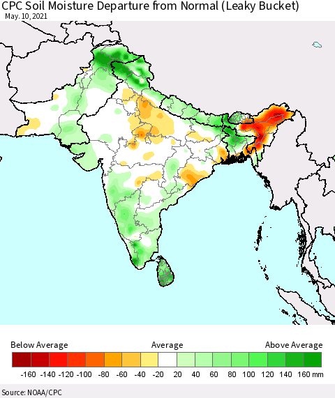 Southern Asia CPC Calculated Soil Moisture Anomaly (Leaky Bucket) Thematic Map For 5/6/2021 - 5/10/2021