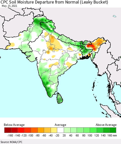 Southern Asia CPC Calculated Soil Moisture Anomaly (Leaky Bucket) Thematic Map For 5/11/2021 - 5/15/2021