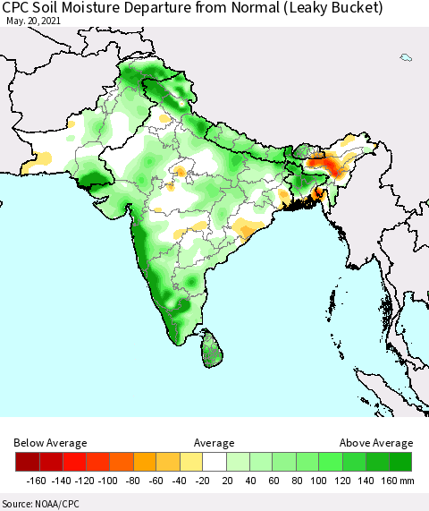 Southern Asia CPC Calculated Soil Moisture Anomaly (Leaky Bucket) Thematic Map For 5/16/2021 - 5/20/2021