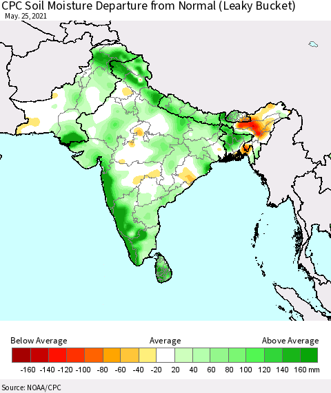 Southern Asia CPC Calculated Soil Moisture Anomaly (Leaky Bucket) Thematic Map For 5/21/2021 - 5/25/2021
