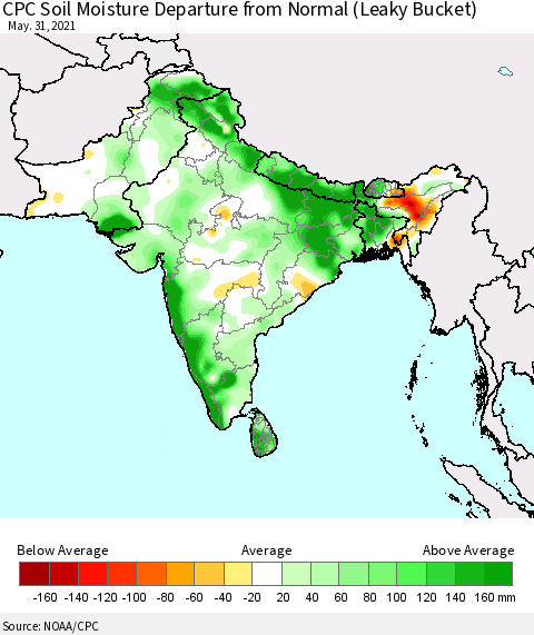Southern Asia CPC Calculated Soil Moisture Anomaly (Leaky Bucket) Thematic Map For 5/26/2021 - 5/31/2021