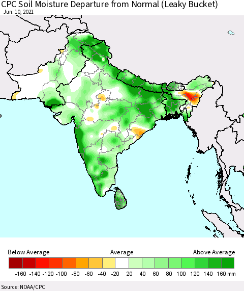 Southern Asia CPC Soil Moisture Departure from Normal (Leaky Bucket) Thematic Map For 6/6/2021 - 6/10/2021