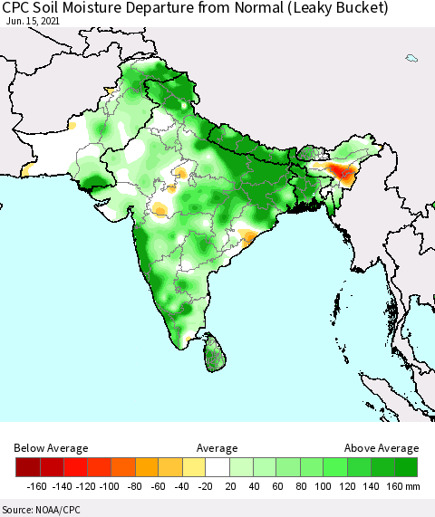 Southern Asia CPC Calculated Soil Moisture Anomaly (Leaky Bucket) Thematic Map For 6/11/2021 - 6/15/2021
