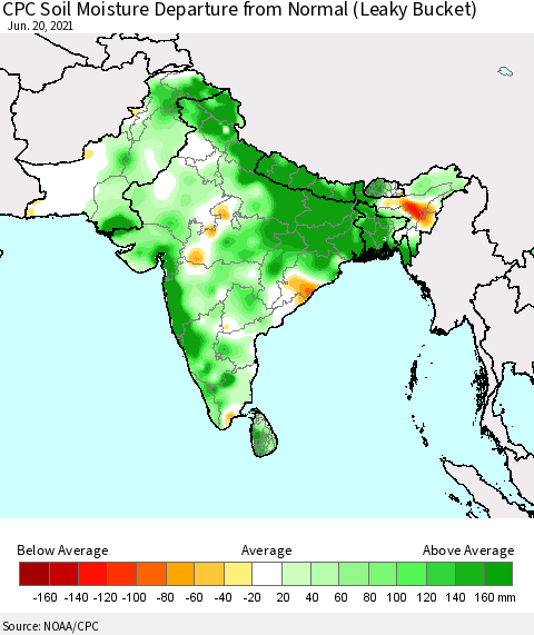 Southern Asia CPC Calculated Soil Moisture Anomaly (Leaky Bucket) Thematic Map For 6/16/2021 - 6/20/2021