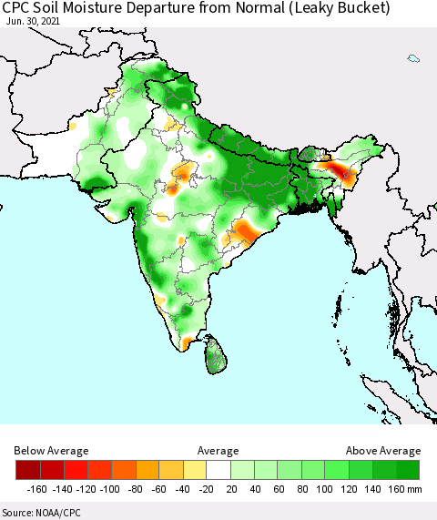 Southern Asia CPC Calculated Soil Moisture Anomaly (Leaky Bucket) Thematic Map For 6/26/2021 - 6/30/2021
