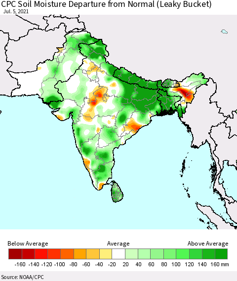 Southern Asia CPC Soil Moisture Departure from Normal (Leaky Bucket) Thematic Map For 7/1/2021 - 7/5/2021