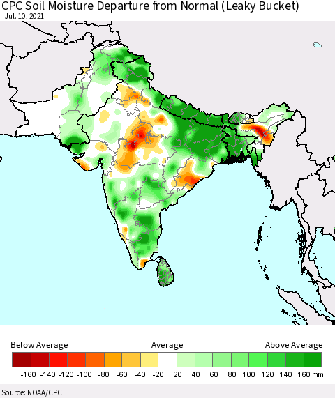 Southern Asia CPC Calculated Soil Moisture Anomaly (Leaky Bucket) Thematic Map For 7/6/2021 - 7/10/2021