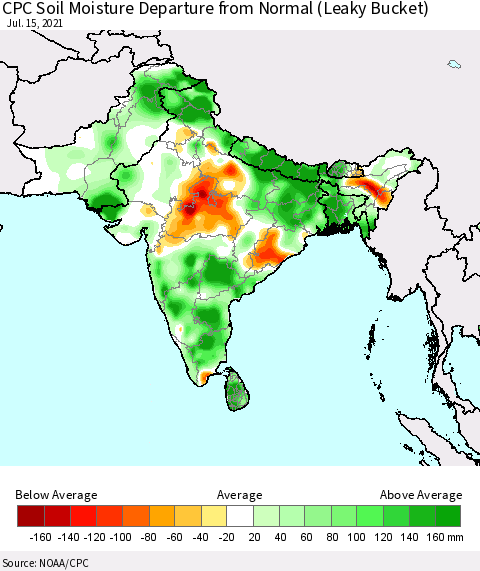 Southern Asia CPC Calculated Soil Moisture Anomaly (Leaky Bucket) Thematic Map For 7/11/2021 - 7/15/2021