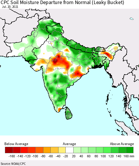 Southern Asia CPC Calculated Soil Moisture Anomaly (Leaky Bucket) Thematic Map For 7/16/2021 - 7/20/2021