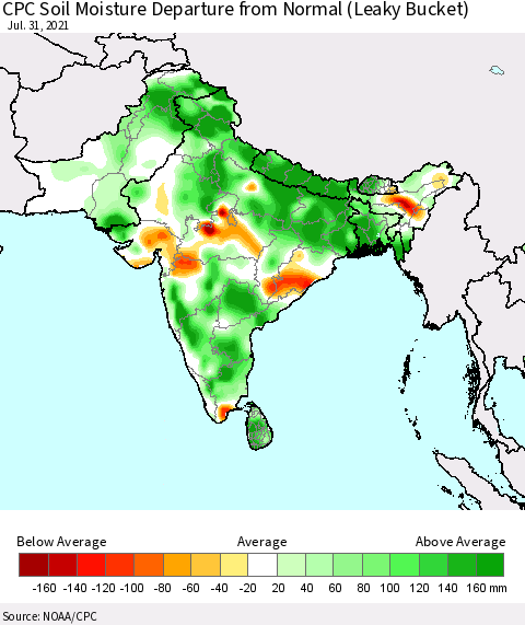 Southern Asia CPC Calculated Soil Moisture Anomaly (Leaky Bucket) Thematic Map For 7/26/2021 - 7/31/2021