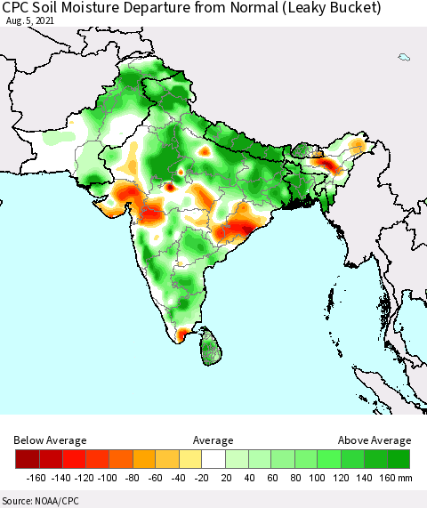Southern Asia CPC Calculated Soil Moisture Anomaly (Leaky Bucket) Thematic Map For 8/1/2021 - 8/5/2021