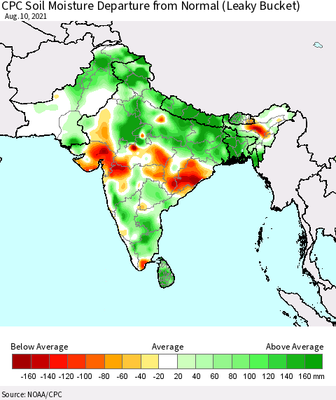 Southern Asia CPC Calculated Soil Moisture Anomaly (Leaky Bucket) Thematic Map For 8/6/2021 - 8/10/2021