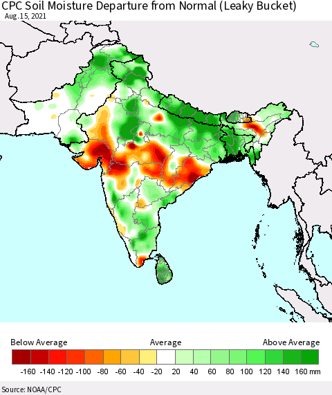 Southern Asia CPC Calculated Soil Moisture Anomaly (Leaky Bucket) Thematic Map For 8/11/2021 - 8/15/2021