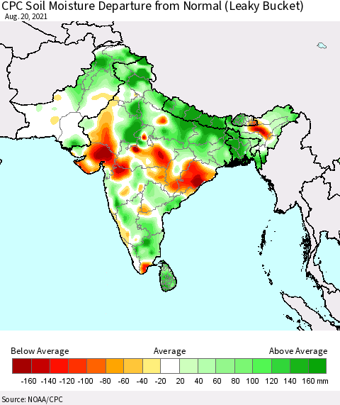 Southern Asia CPC Calculated Soil Moisture Anomaly (Leaky Bucket) Thematic Map For 8/16/2021 - 8/20/2021