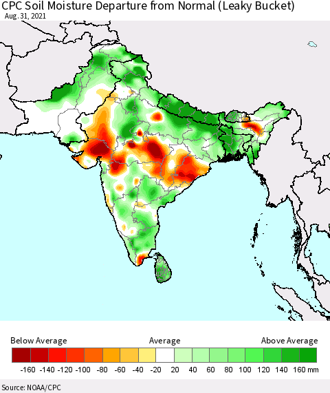 Southern Asia CPC Calculated Soil Moisture Anomaly (Leaky Bucket) Thematic Map For 8/26/2021 - 8/31/2021
