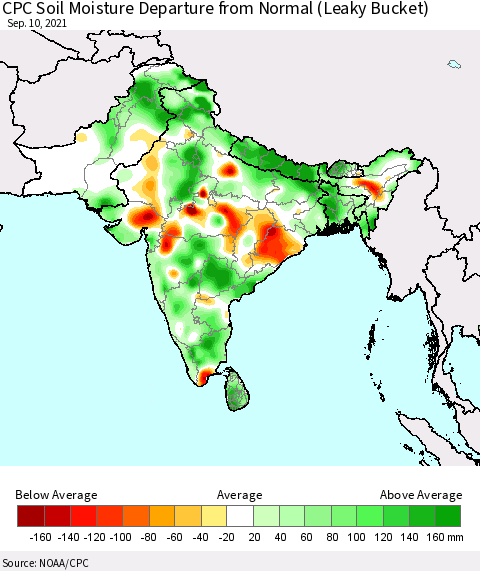 Southern Asia CPC Calculated Soil Moisture Anomaly (Leaky Bucket) Thematic Map For 9/6/2021 - 9/10/2021