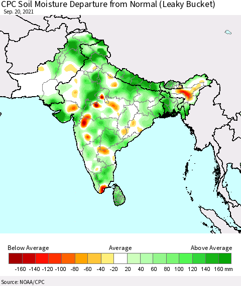 Southern Asia CPC Calculated Soil Moisture Anomaly (Leaky Bucket) Thematic Map For 9/16/2021 - 9/20/2021