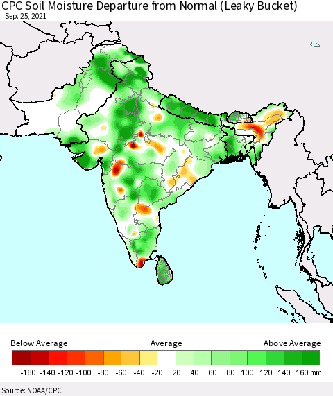Southern Asia CPC Calculated Soil Moisture Anomaly (Leaky Bucket) Thematic Map For 9/21/2021 - 9/25/2021