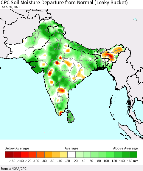 Southern Asia CPC Calculated Soil Moisture Anomaly (Leaky Bucket) Thematic Map For 9/26/2021 - 9/30/2021