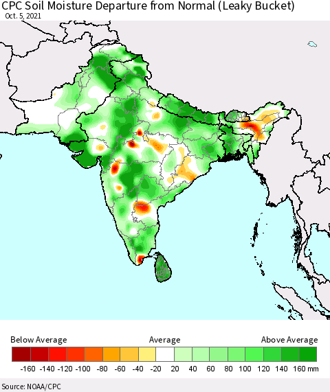 Southern Asia CPC Soil Moisture Departure from Normal (Leaky Bucket) Thematic Map For 10/1/2021 - 10/5/2021