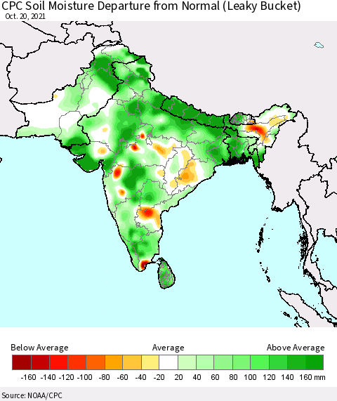 Southern Asia CPC Soil Moisture Departure from Normal (Leaky Bucket) Thematic Map For 10/16/2021 - 10/20/2021