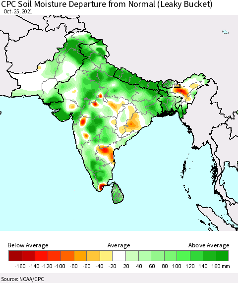 Southern Asia CPC Calculated Soil Moisture Anomaly (Leaky Bucket) Thematic Map For 10/21/2021 - 10/25/2021