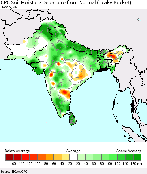 Southern Asia CPC Calculated Soil Moisture Anomaly (Leaky Bucket) Thematic Map For 11/1/2021 - 11/5/2021