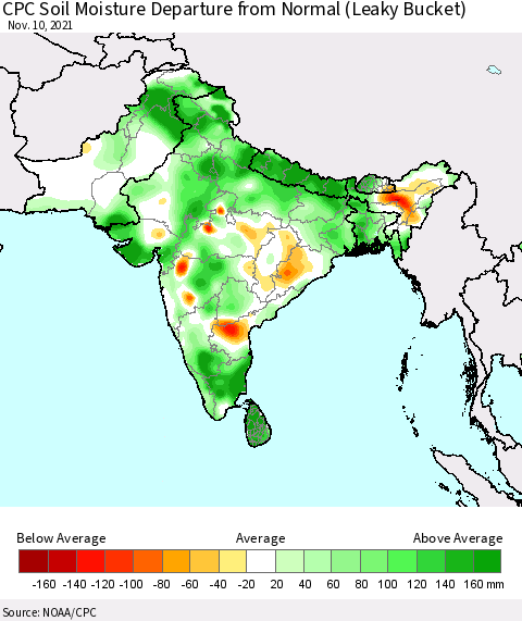 Southern Asia CPC Soil Moisture Anomaly (Leaky Bucket) Thematic Map For 11/6/2021 - 11/10/2021