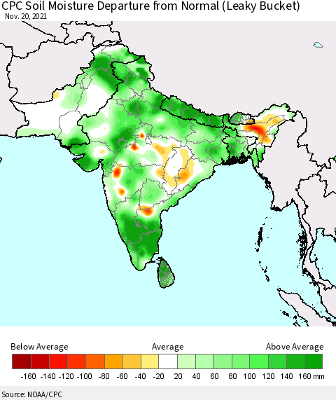 Southern Asia CPC Soil Moisture Anomaly (Leaky Bucket) Thematic Map For 11/16/2021 - 11/20/2021