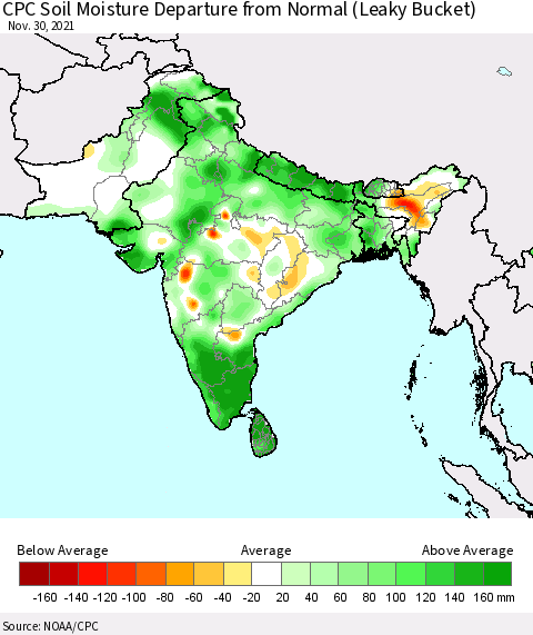 Southern Asia CPC Soil Moisture Anomaly (Leaky Bucket) Thematic Map For 11/26/2021 - 11/30/2021