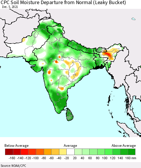 Southern Asia CPC Calculated Soil Moisture Anomaly (Leaky Bucket) Thematic Map For 12/1/2021 - 12/5/2021