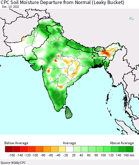 Southern Asia CPC Calculated Soil Moisture Anomaly (Leaky Bucket) Thematic Map For 12/6/2021 - 12/10/2021