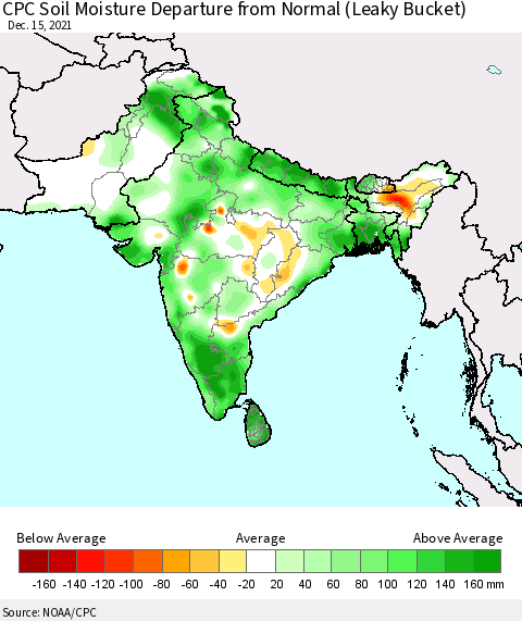 Southern Asia CPC Soil Moisture Anomaly (Leaky Bucket) Thematic Map For 12/11/2021 - 12/15/2021