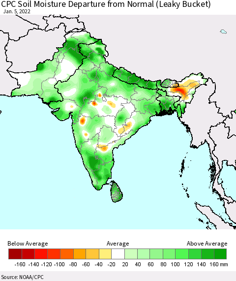 Southern Asia CPC Calculated Soil Moisture Anomaly (Leaky Bucket) Thematic Map For 1/1/2022 - 1/5/2022