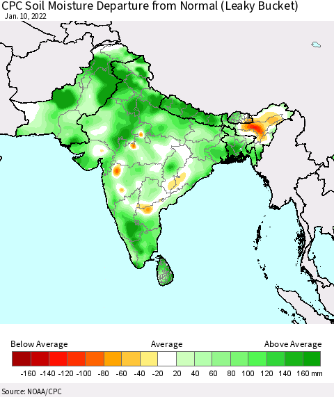 Southern Asia CPC Soil Moisture Anomaly (Leaky Bucket) Thematic Map For 1/6/2022 - 1/10/2022