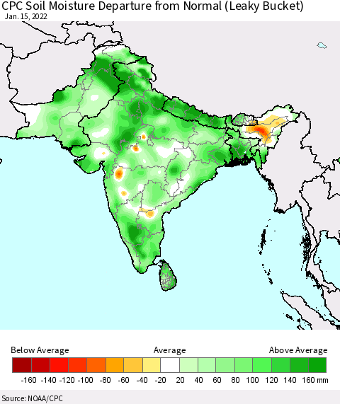 Southern Asia CPC Soil Moisture Departure from Normal (Leaky Bucket) Thematic Map For 1/11/2022 - 1/15/2022