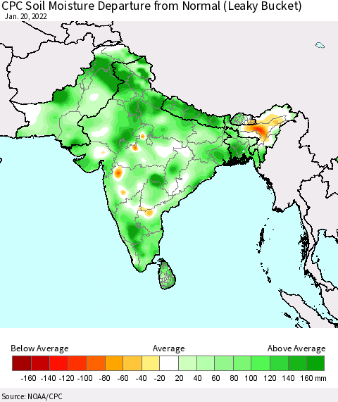 Southern Asia CPC Calculated Soil Moisture Anomaly (Leaky Bucket) Thematic Map For 1/16/2022 - 1/20/2022