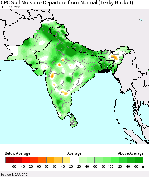 Southern Asia CPC Calculated Soil Moisture Anomaly (Leaky Bucket) Thematic Map For 2/6/2022 - 2/10/2022