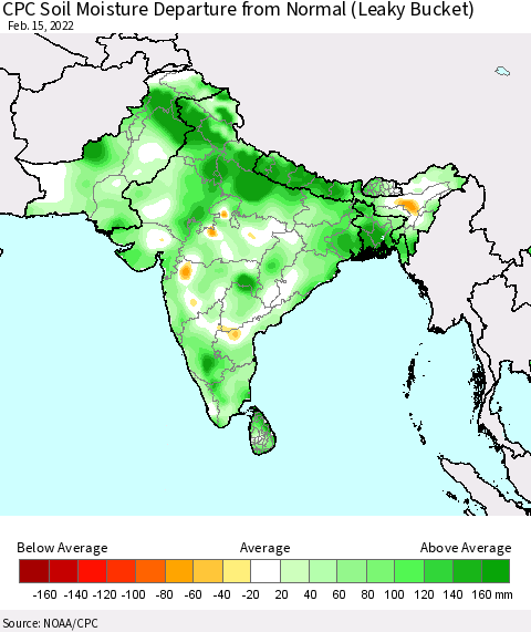 Southern Asia CPC Soil Moisture Anomaly (Leaky Bucket) Thematic Map For 2/11/2022 - 2/15/2022