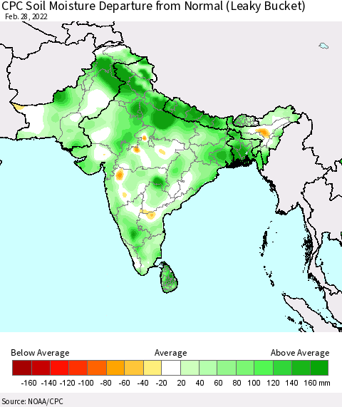 Southern Asia CPC Calculated Soil Moisture Anomaly (Leaky Bucket) Thematic Map For 2/26/2022 - 2/28/2022