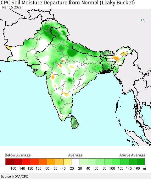 Southern Asia CPC Soil Moisture Departure from Normal (Leaky Bucket) Thematic Map For 3/11/2022 - 3/15/2022