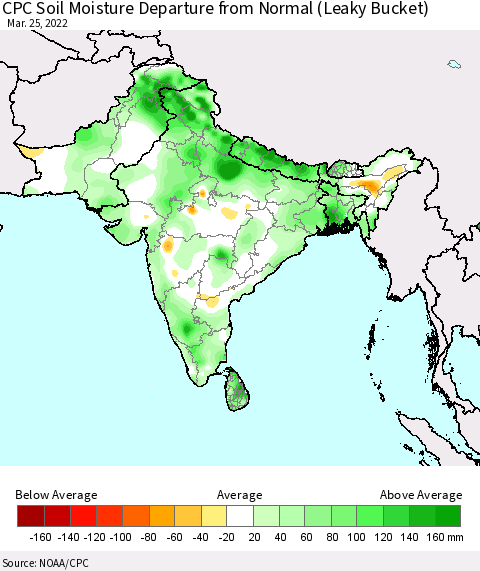 Southern Asia CPC Soil Moisture Anomaly (Leaky Bucket) Thematic Map For 3/21/2022 - 3/25/2022