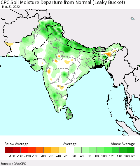 Southern Asia CPC Calculated Soil Moisture Anomaly (Leaky Bucket) Thematic Map For 3/26/2022 - 3/31/2022