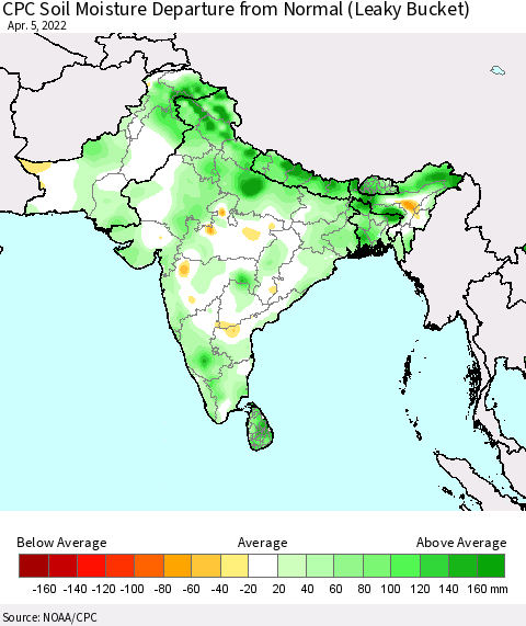 Southern Asia CPC Soil Moisture Departure from Normal (Leaky Bucket) Thematic Map For 4/1/2022 - 4/5/2022